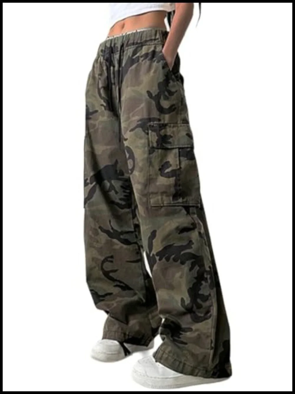 Wide Leg Elastic Waist Cargo Pants with Pockets, Streetwear - Picture 1 of 4